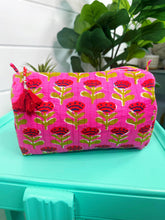 Load image into Gallery viewer, Quilted Makeup Bag | Cosmetic Toiletry Bag | Hot Pink Floral
