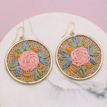 Load image into Gallery viewer, Tan Floral Cross Stitch Gold Earrings
