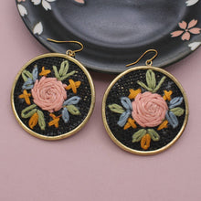 Load image into Gallery viewer, Black Floral Cross Stitch Gold Earrings