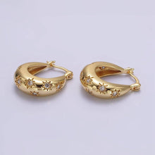 Load image into Gallery viewer, 16K Gold Filled Oblong Dome Celestial Stars CZ French Lock Latch Hoop Earrings | AE634
