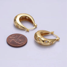 Load image into Gallery viewer, 16K Gold Filled Oblong Dome Celestial Stars CZ French Lock Latch Hoop Earrings | AE634
