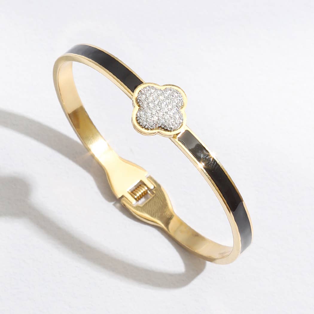 Black Enamel Pave Clover Colored Bangle Cuff Bracelet