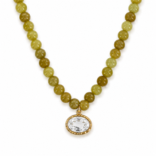 Load image into Gallery viewer, Marbled Bead Glass Crystal Pendant Necklace: Olive
