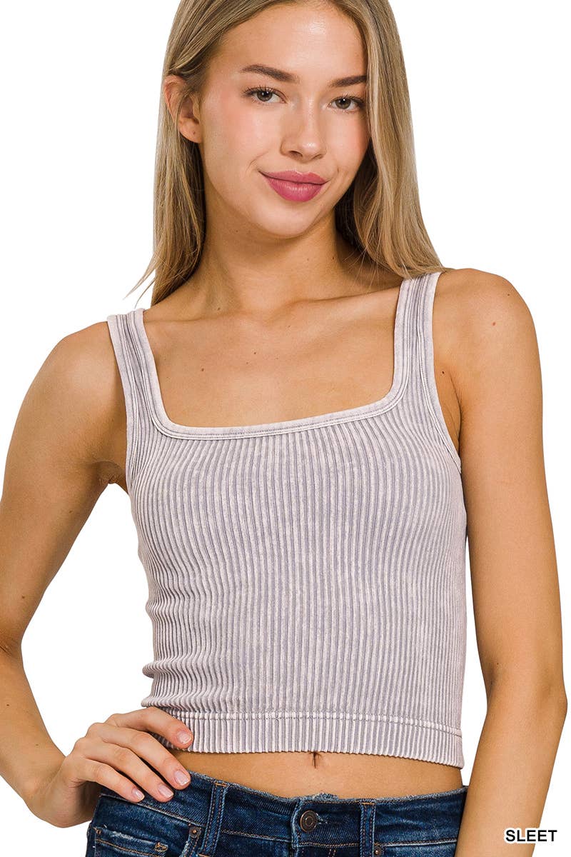 2 Way Neckline Washed Rib Crop Tank: SLEET