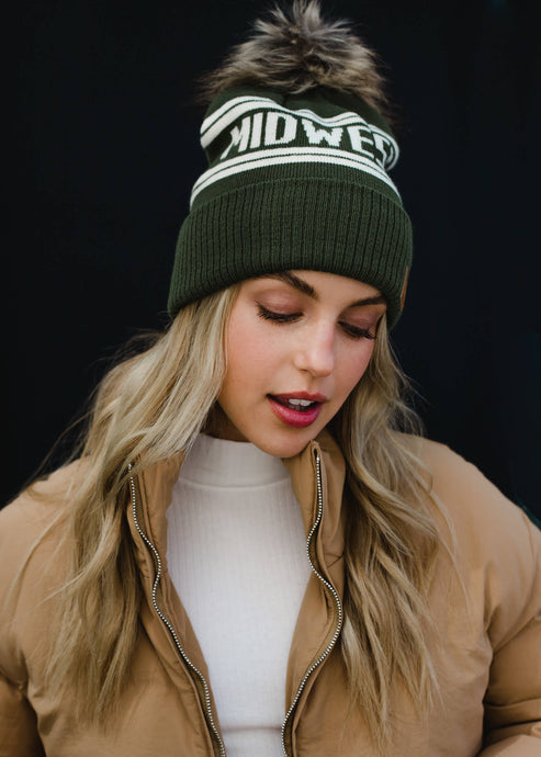 cute hat, winter hat, olive colored hat, hat with pom pom