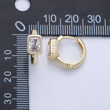 Load image into Gallery viewer, 14K Gold Filled 15mm Clear Baguette CZ Bezel Huggie Earrings | Earrings-00104
