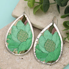 Load image into Gallery viewer, Green Floral Embroidered Silver Teardrop Earring
